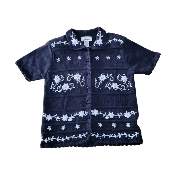 Worthington Vintage Knit Sweater Top M Petite Pearl Collar Granny Embroidered - Picture 1 of 10